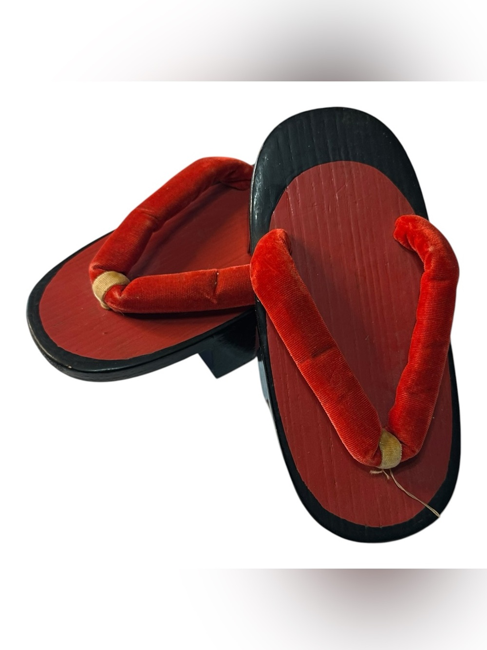 Vintage Japanese Geta Style Wooden Sandals Red Velvet Straps